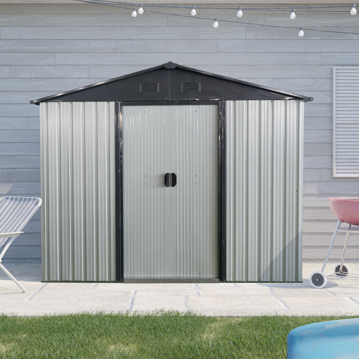 Outdoor Metal Storage Shed Garden Building with Sliding Door 8x4ft