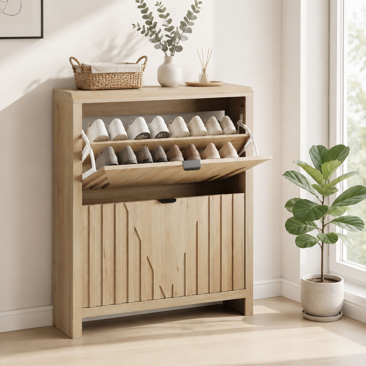 Entryway Shoe Cabinet With Vertical Carved Panels - Oak