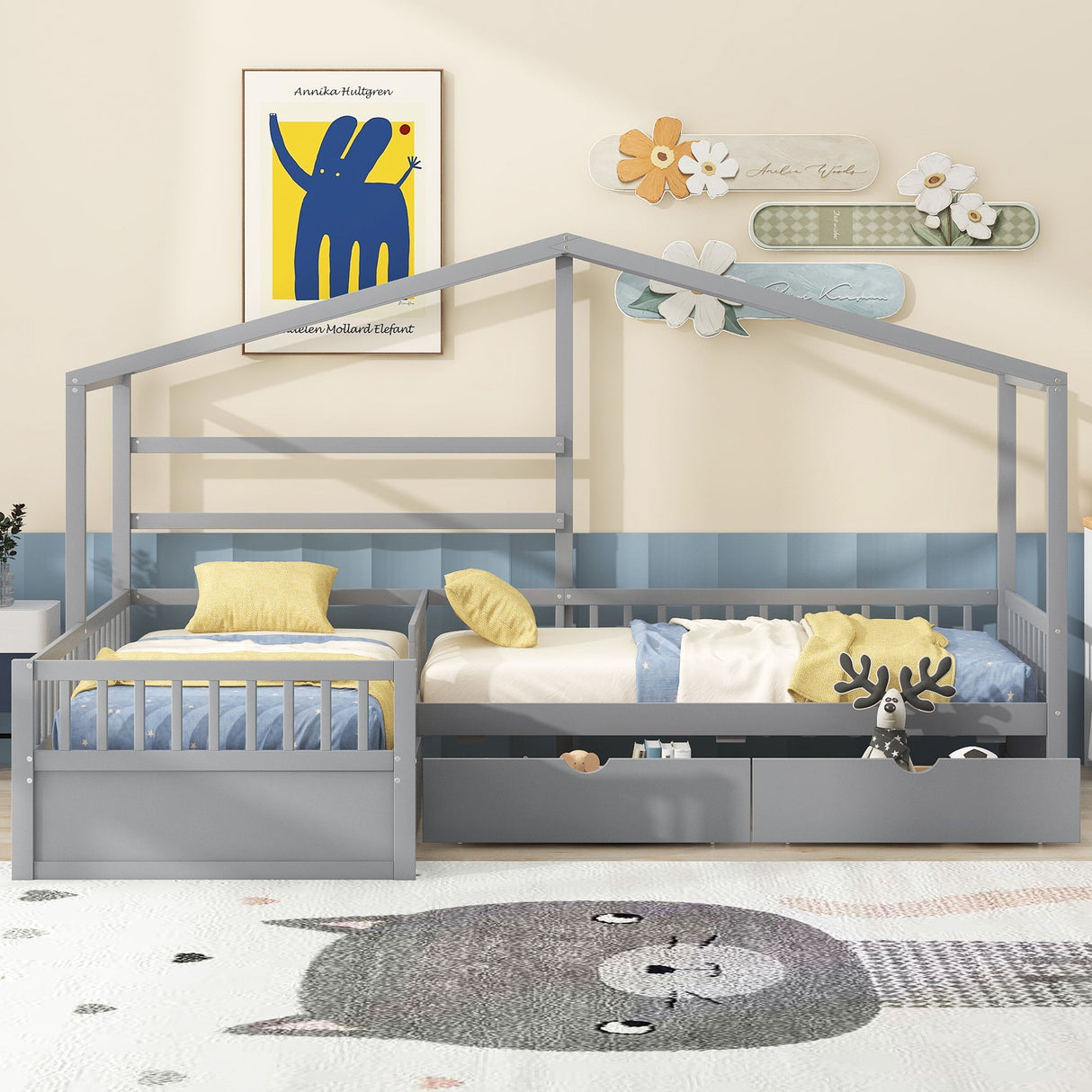 L Shape Platform Bed With 3 Storage Drawers