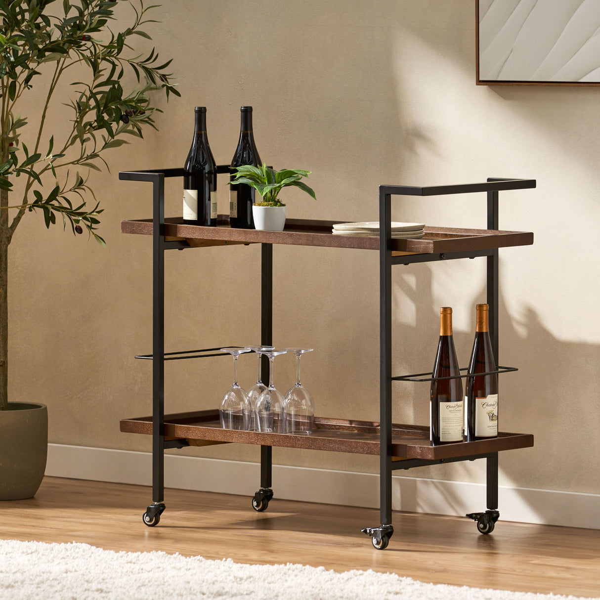 Modern Industrial Bar Cart With Shelving And Casters