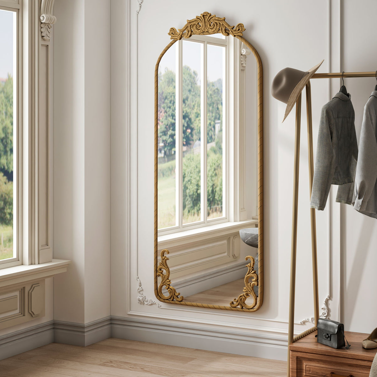 Full Body Arched Mirror With Vintage Carved Applique