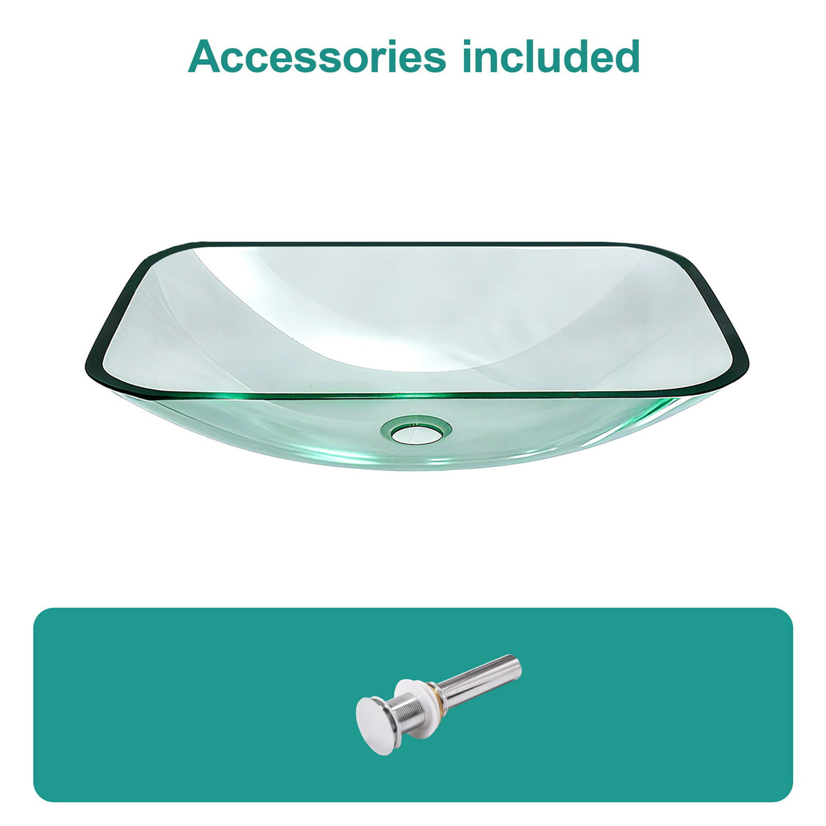 Clear Vessel Sink Rectangle Above Counter Bathroom Basin With Pop Up Drain, No Faucet - Clear