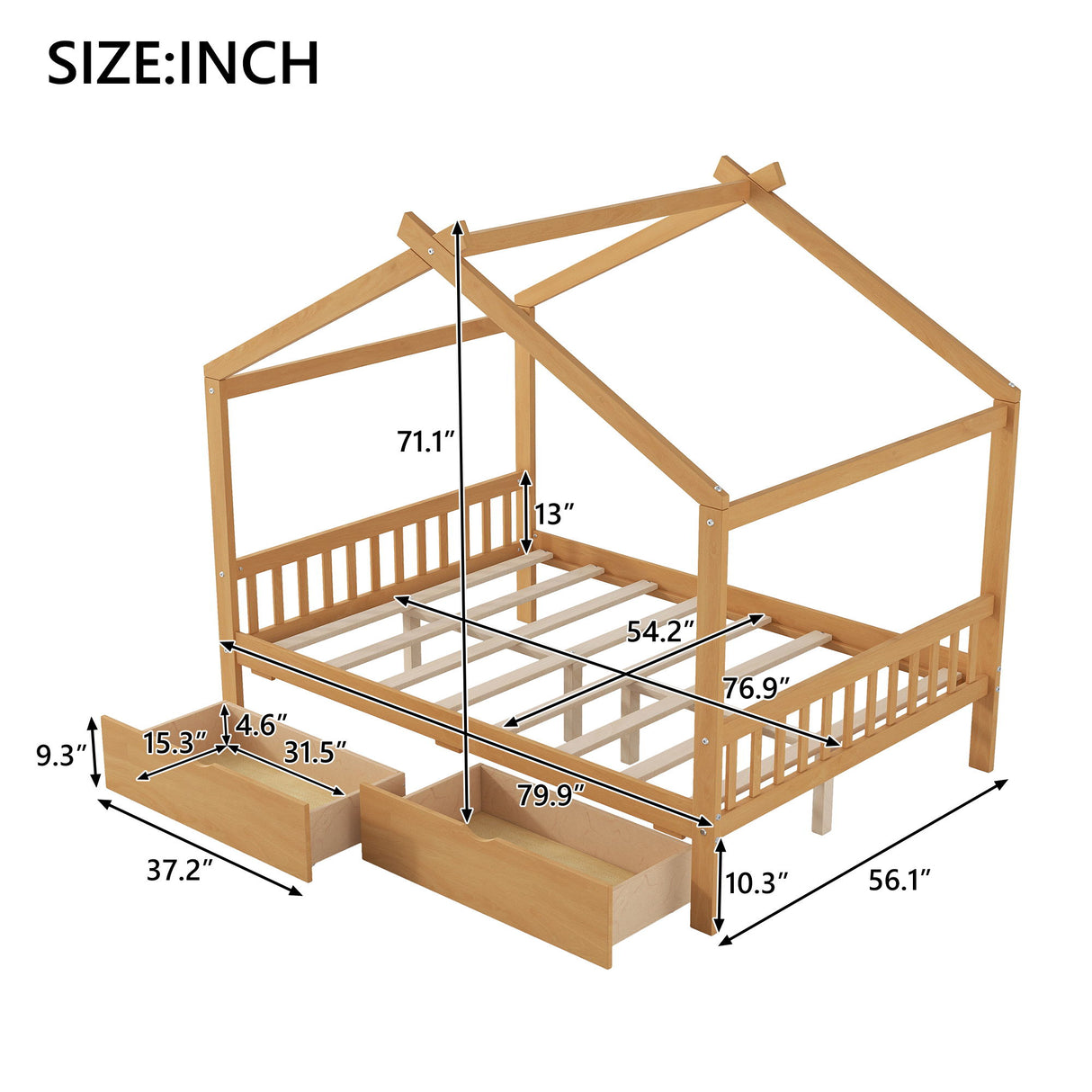 House Style Platform Bed With Headboard, Footboard, 2 Drawers, And Roof Design