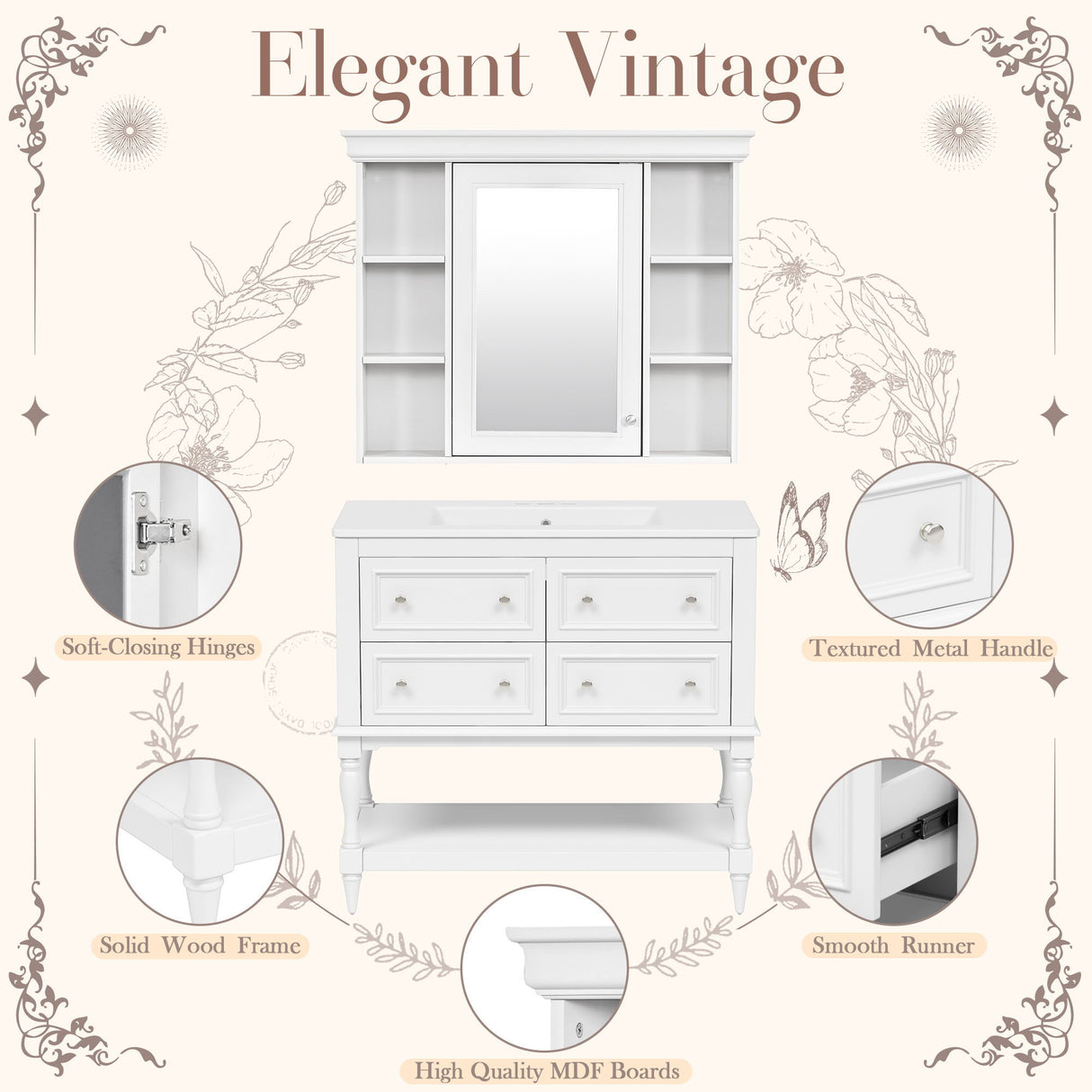 Bathroom Vanity With Medicine Cabinet, Storage Cabinet With 4 Drawers, Adjustable Shelf Mirror