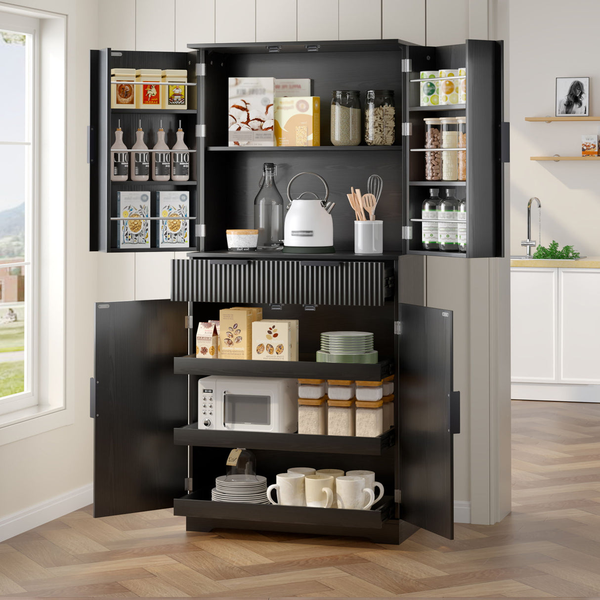 Fluted Kitchen Pantry Cabinet With 3 Keyboard Drawers & 6 Door Shelves Adjustable