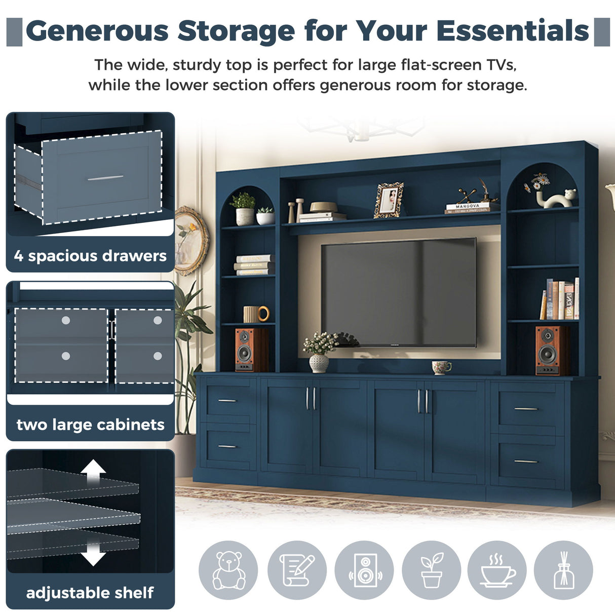 Arched Entertainment Center Wall Unit With Drawers, TV Stand