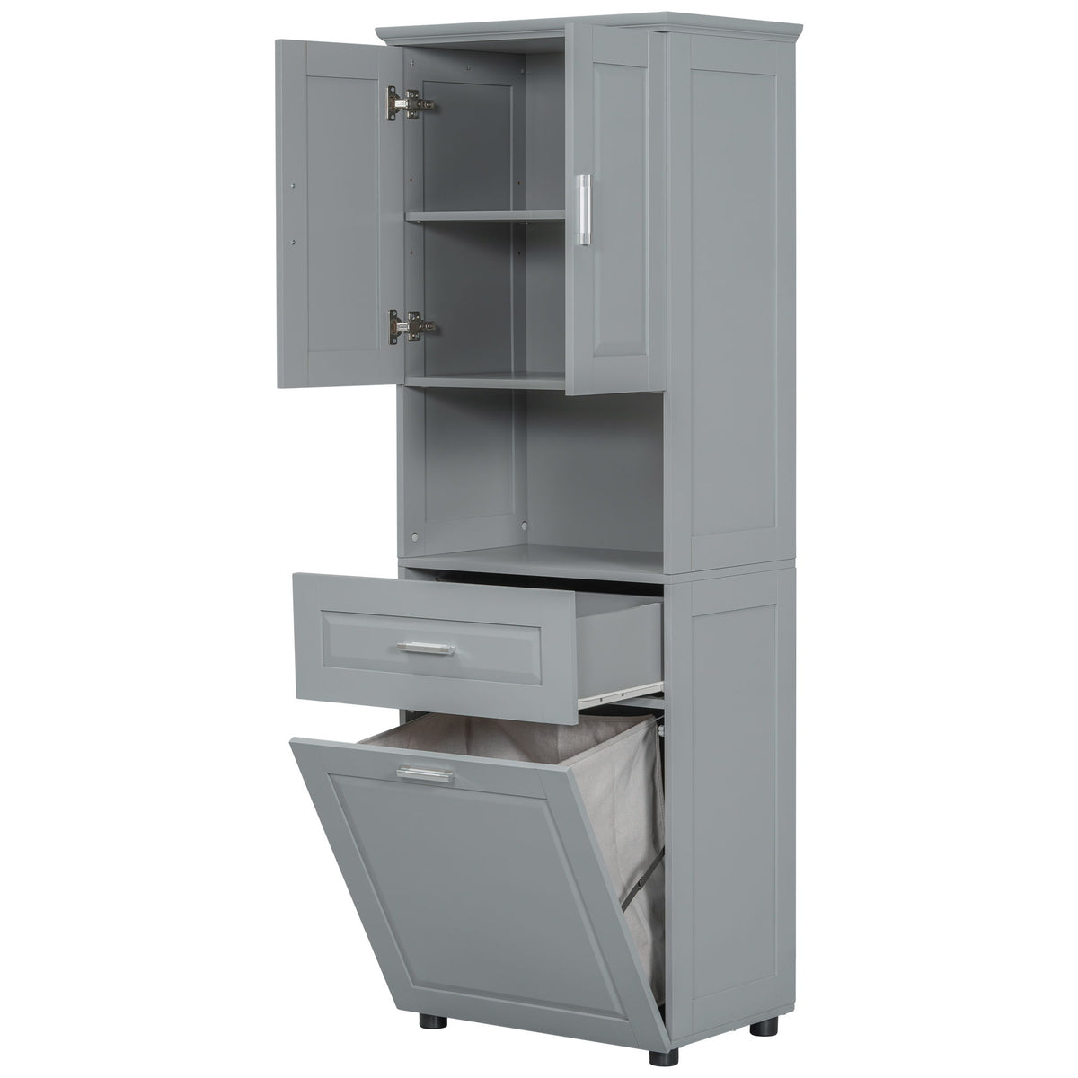 Tall Bathroom Cabinet With Tilt-Out Laundry Basket And Upper Storage
