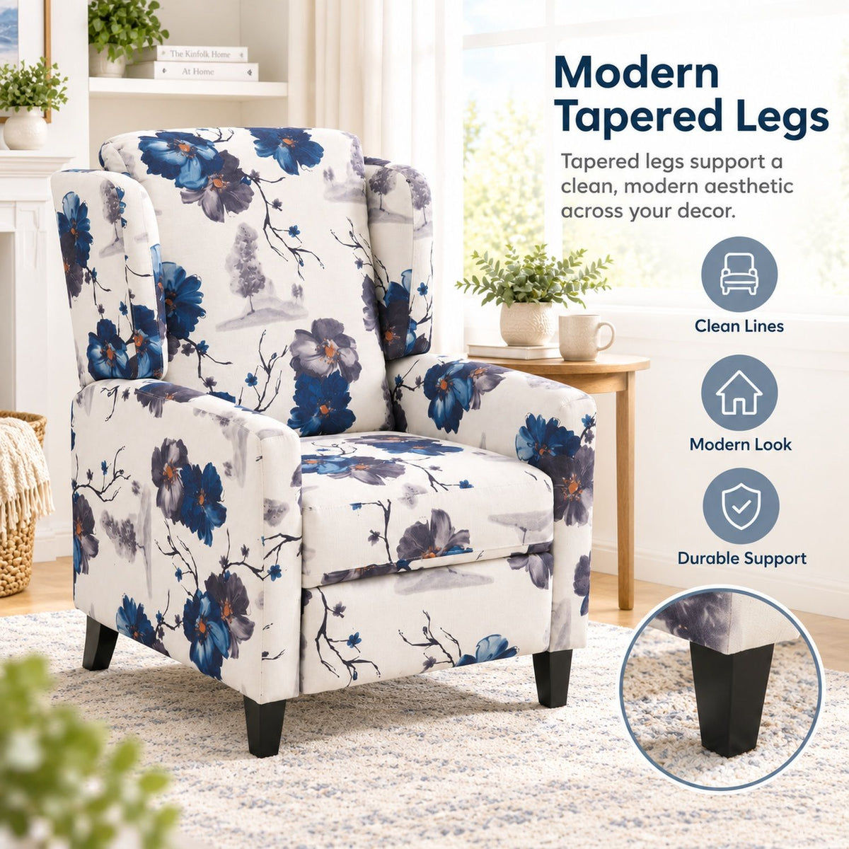 Wingback Recliner Chair With Padded Arms - Blue