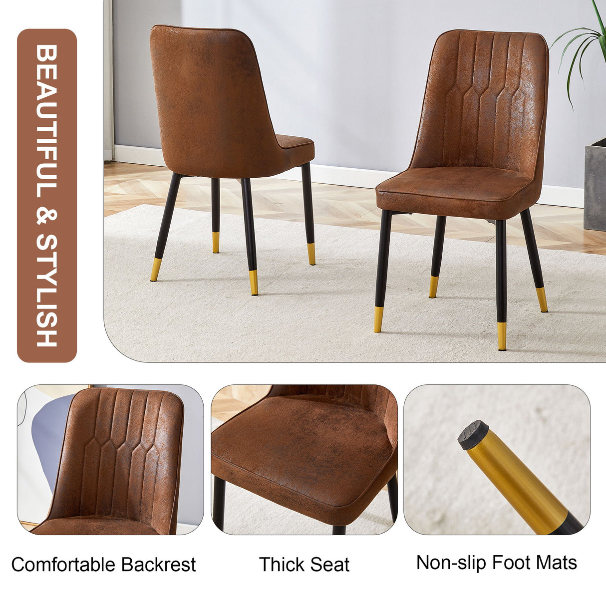 Modern Brown Suede Like Velvet Dining Chair (Set of 2) - Black / Gold