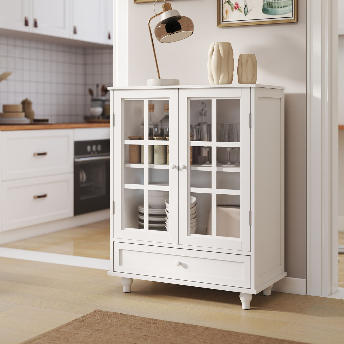 Minimalist Buffet Cabinet With Double Glass Doors And Drawer