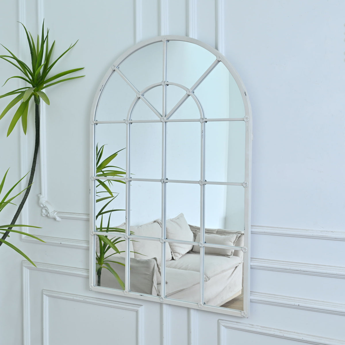 Handmade Arched Mirror, Windows Design For Entryway - White