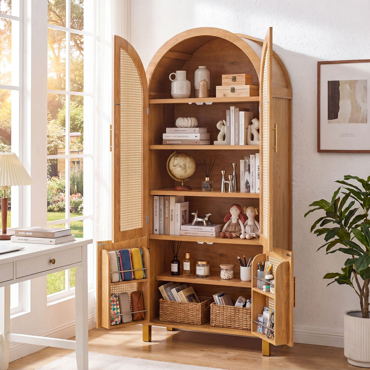 Tall Arched Cabinet With Rattan Doors & Adjustable Shelves