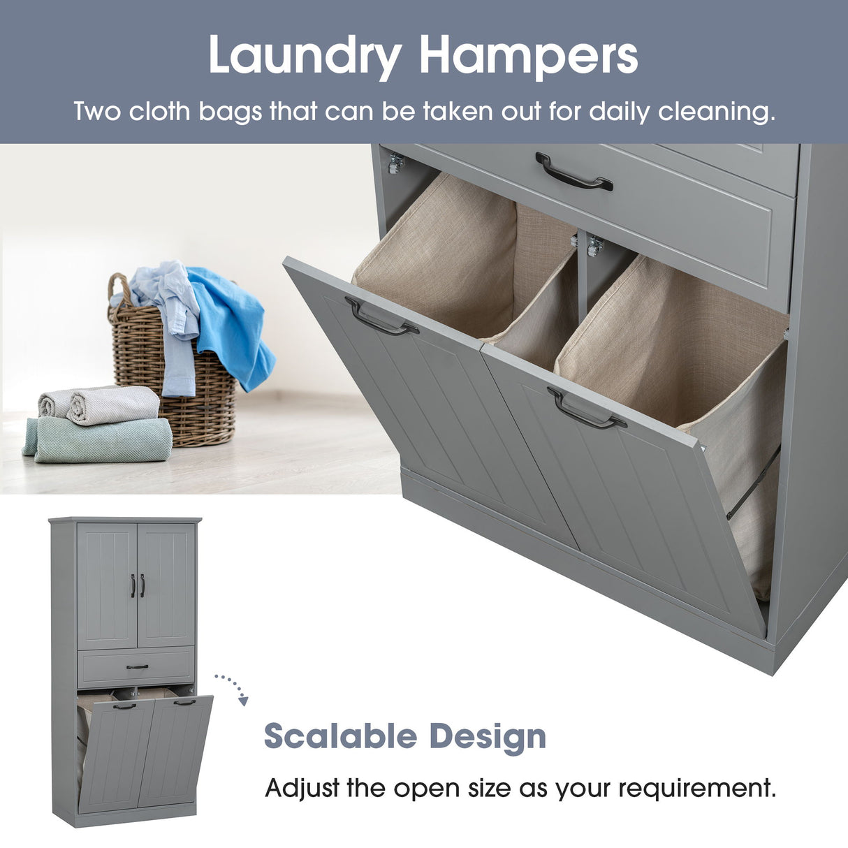 Modern Bathroom Storage Cabinet With Two Laundry Baskets, One Drawer, Adjustable Shelf