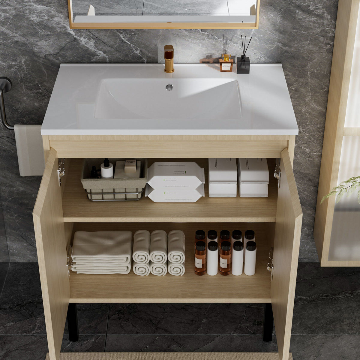 Bathroom Vanity With Ceramic Sink, Floor-Standing Design, Soft-Closing Drawers