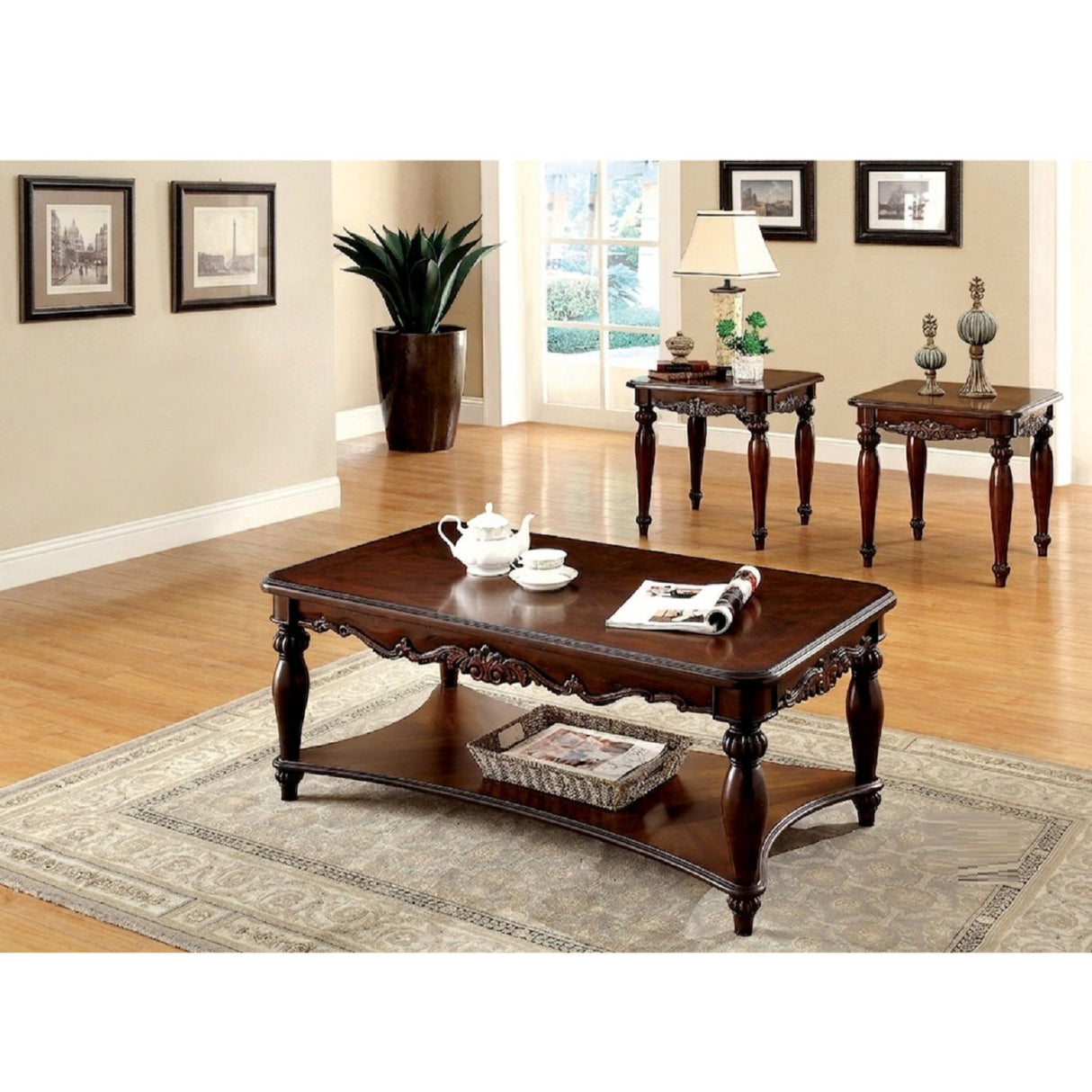 3 Piece Coffee Table With Open Shelf - Cherry