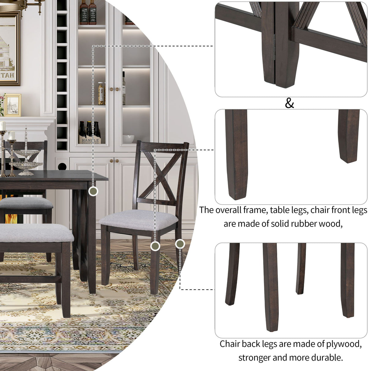6 Piece Family Dining Room Set, Space Saving Foldable Table And 4 Chairs With Bench
