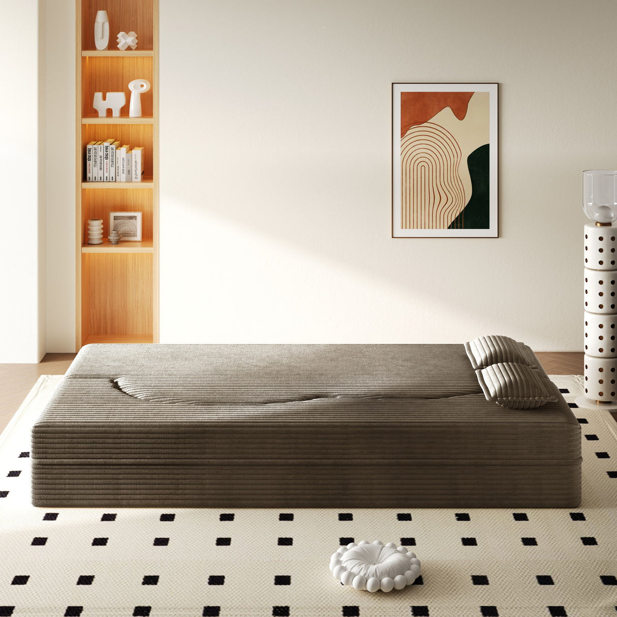 Modern Floor Sofa With 2 Pillows, Convertible Twin Size Folding Mattress For Living Room
