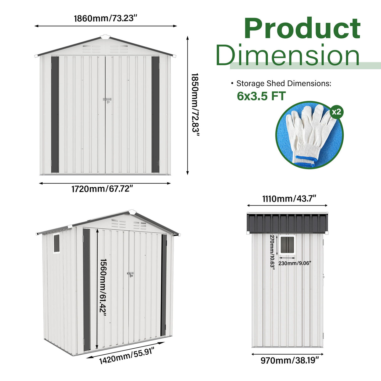 Garden Tool Shed Storage Building Waterproof Peaked Roof Metal White Gray