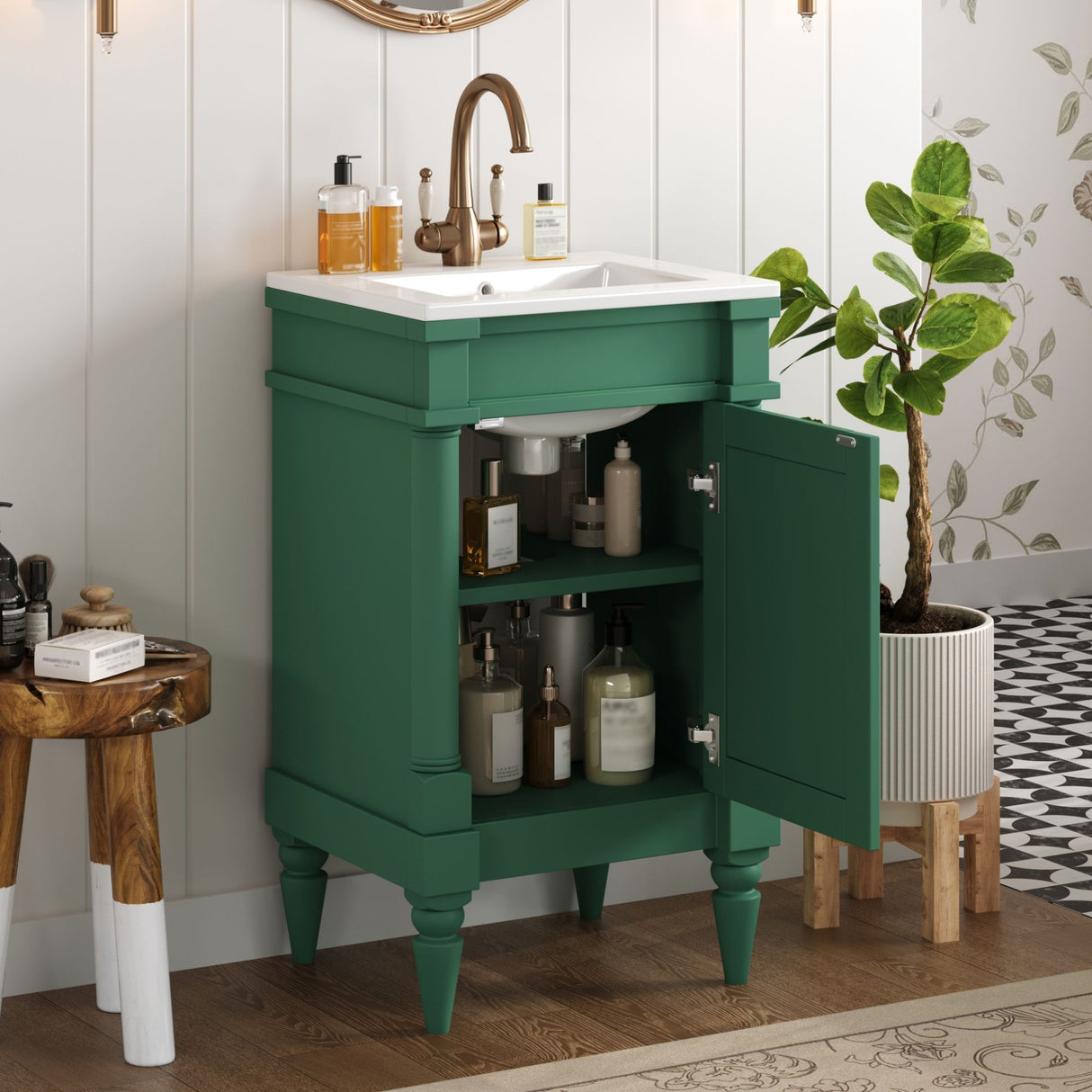 Bathroom Vanity With Sink, Compact Storage Cabinet With Door, Adjustable Shelf, Rectangular Style - Green