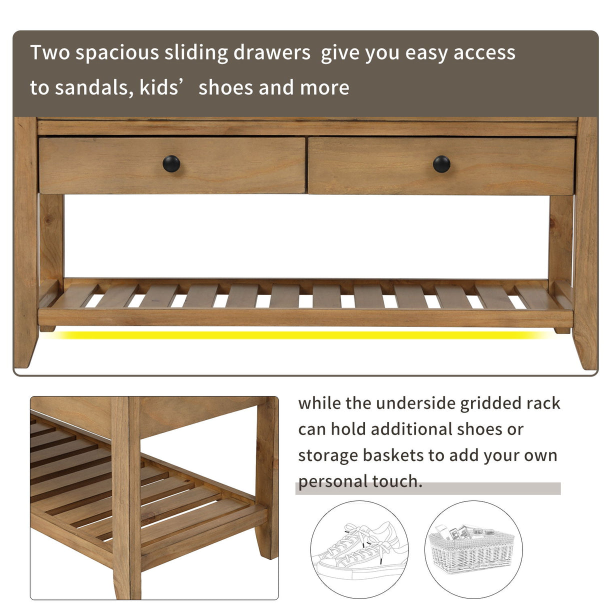 Multipurpose Entryway Shoe Rack With Cushioned Seat And Drawers