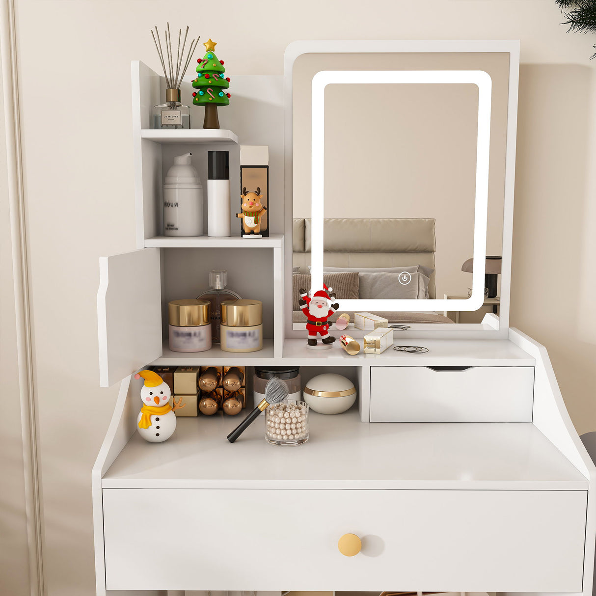 LED Vanity Mirror With Stool, 2 Drawers & 5 Storage Cabinets, Adjustable Lighting Mdf Dressing Table For Bedroom - White