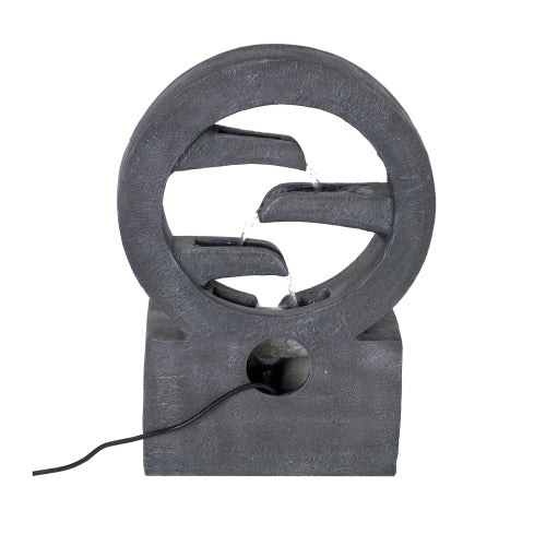 26.77"H Gray Circular Polyresin Outdoor Water Fountain with LED Light, Freestanding Modern Cascading Water Feature for Patio Garden Backyard Decor