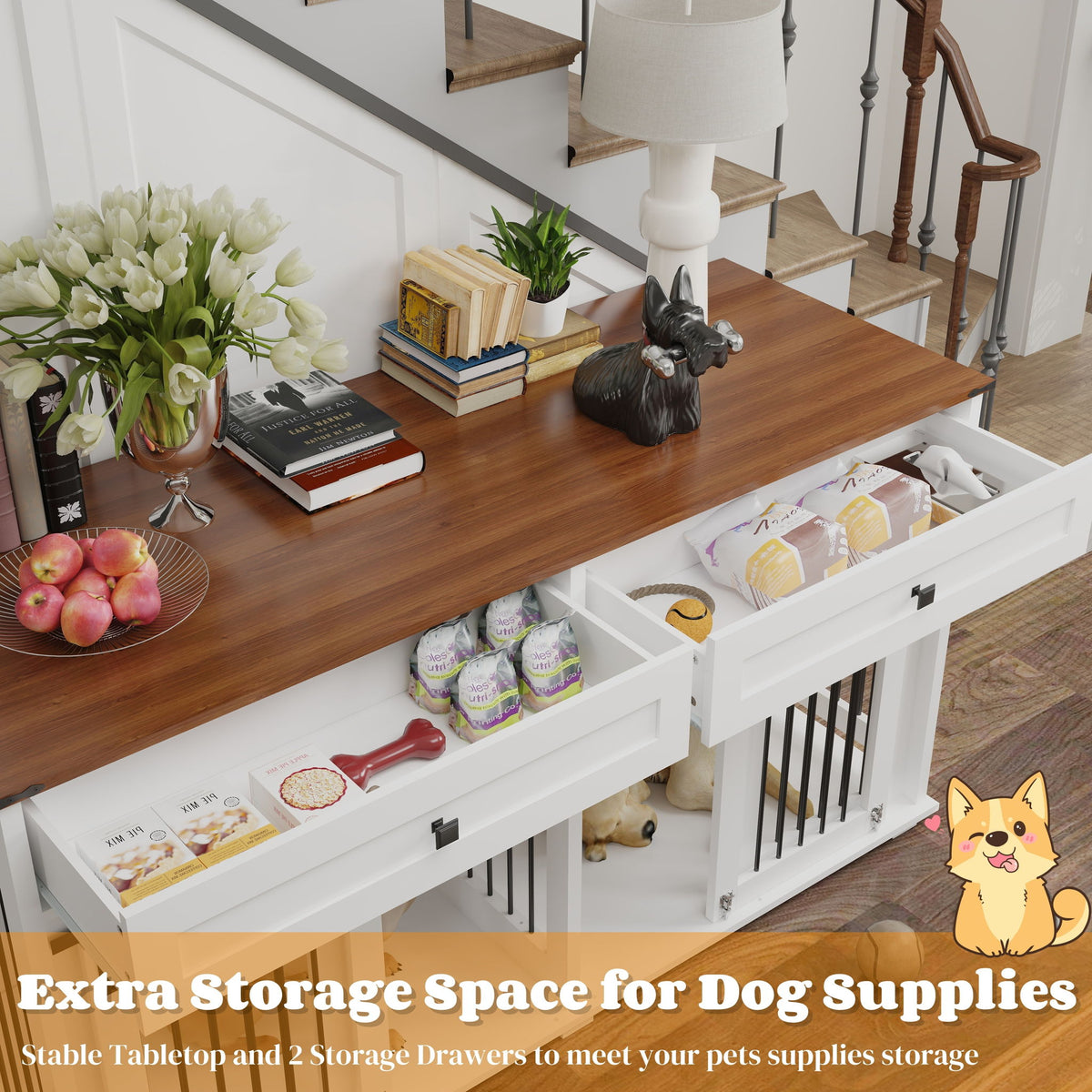 Large Dog Crate, Water Resistant Indoor Pets Furniture Double Dog Crates - Brown White