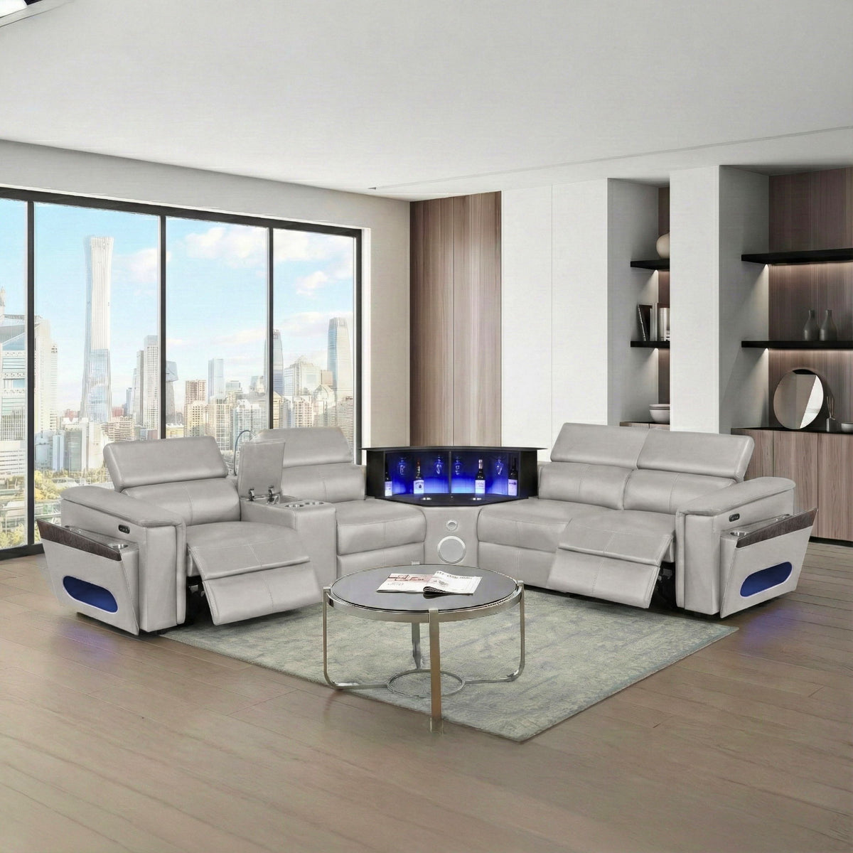 Nova - Sectional With Bluetooth Speaker, LED And Lifting Wine Cabinet