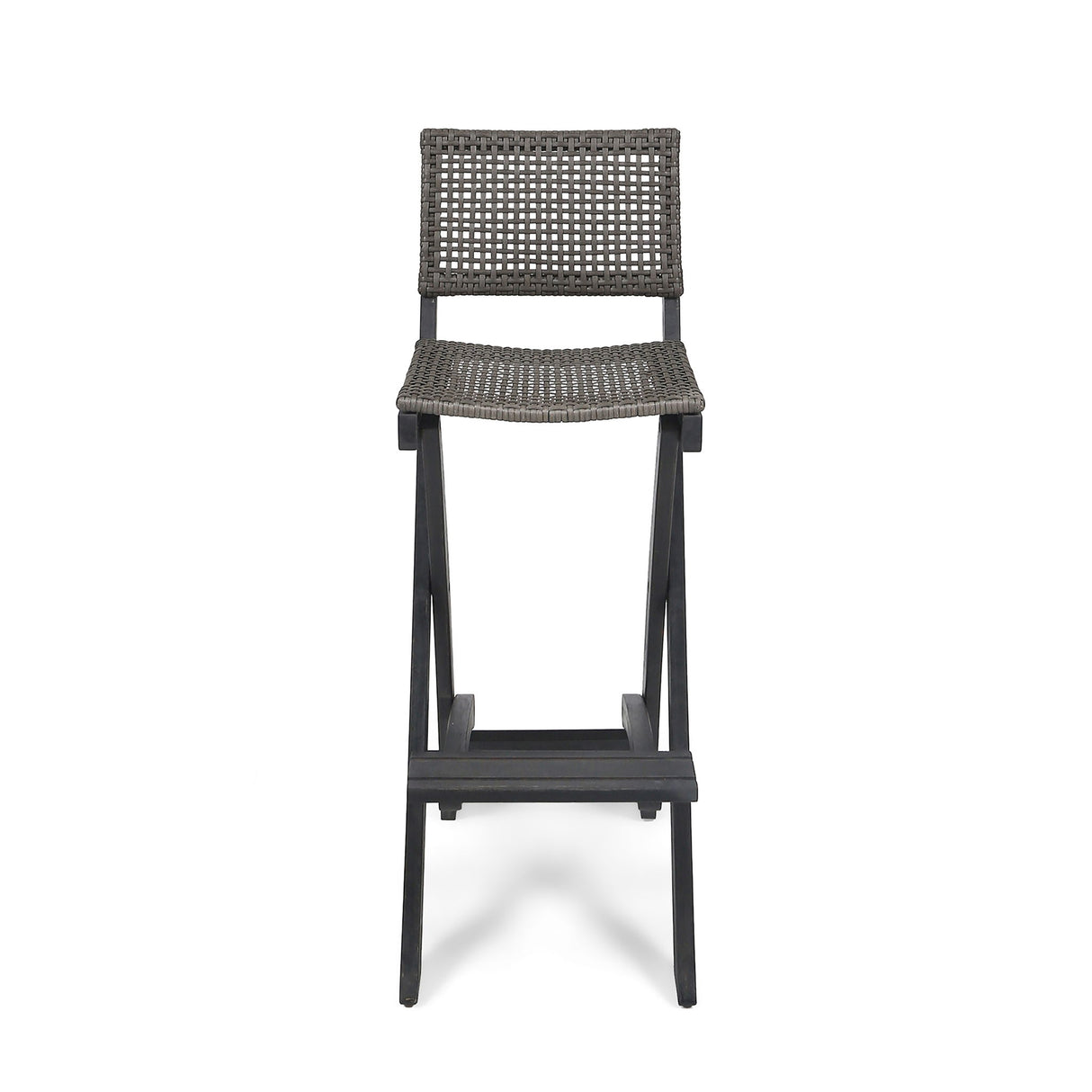 Outdoor Folding Acacia Wood Barstools With Rattan Backrest And Seat, (Set of 2) - Dark Gray