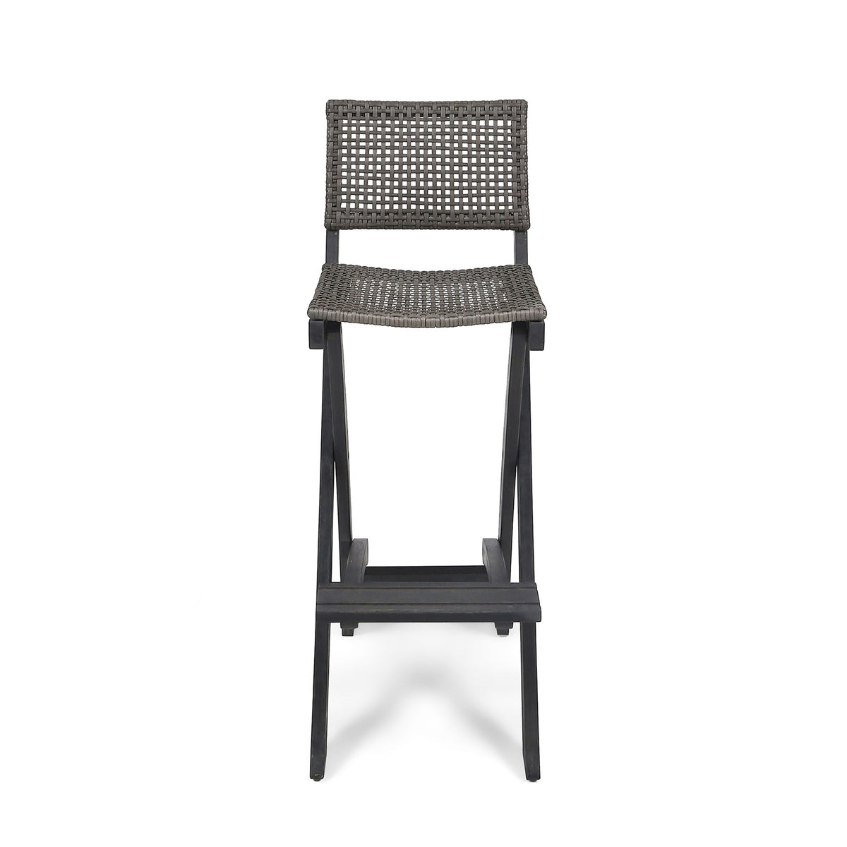 Outdoor Folding Acacia Wood Barstools With Rattan Backrest And Seat, (Set of 2) - Dark Gray