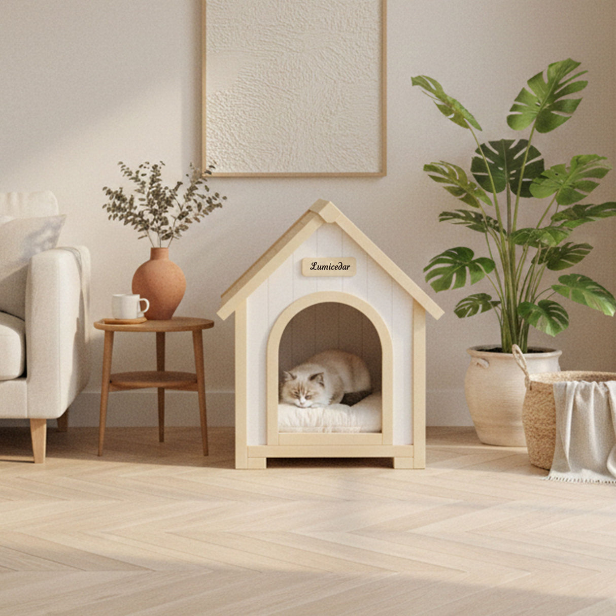 Indoor Dog House With Cushion Pet House For Small Dogs & Cats - Creamy White / Light Yellow