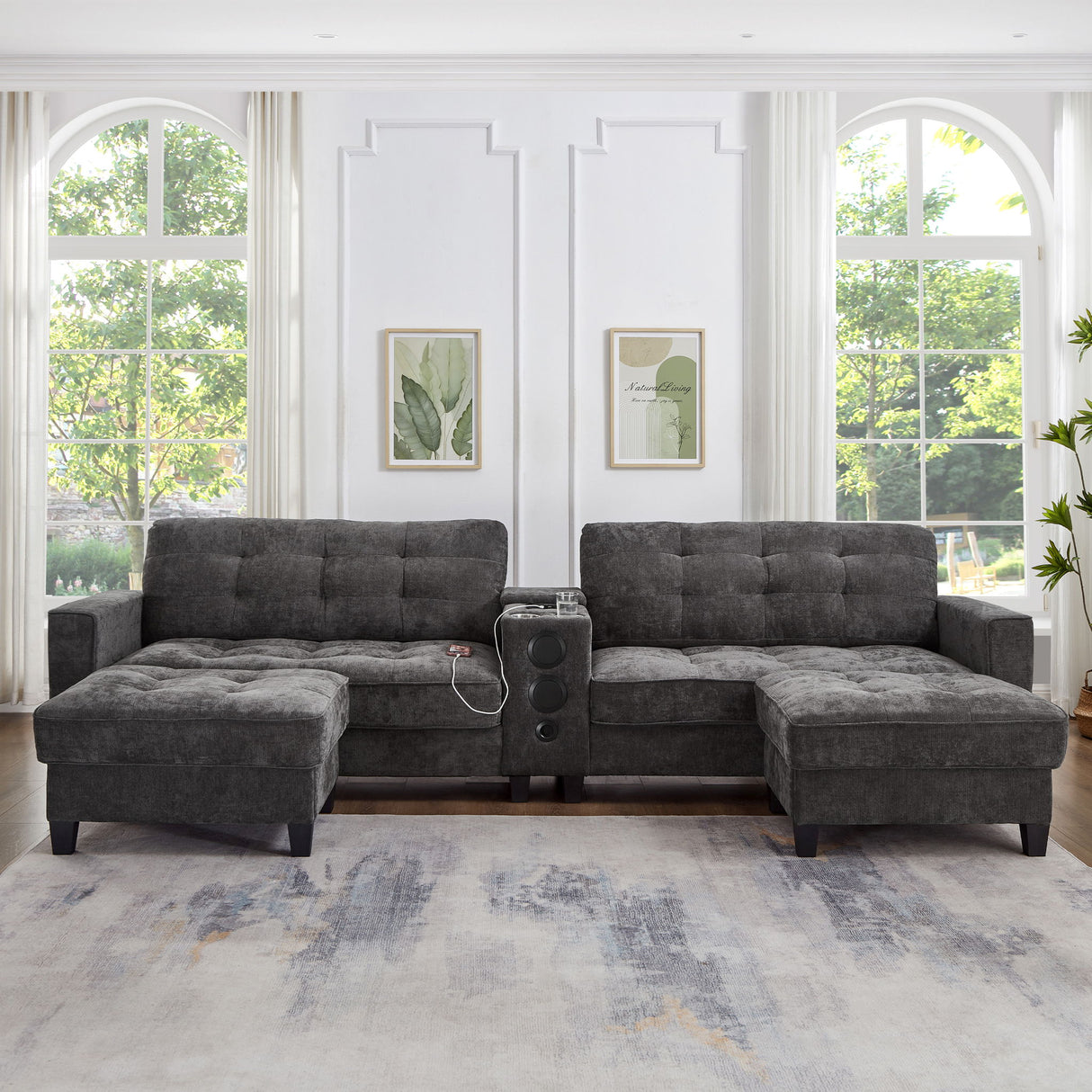 Modern Sectional Sofa U-Shaped With Movable Ottomans, tooth Speakers, LED Lights And Modular Storage