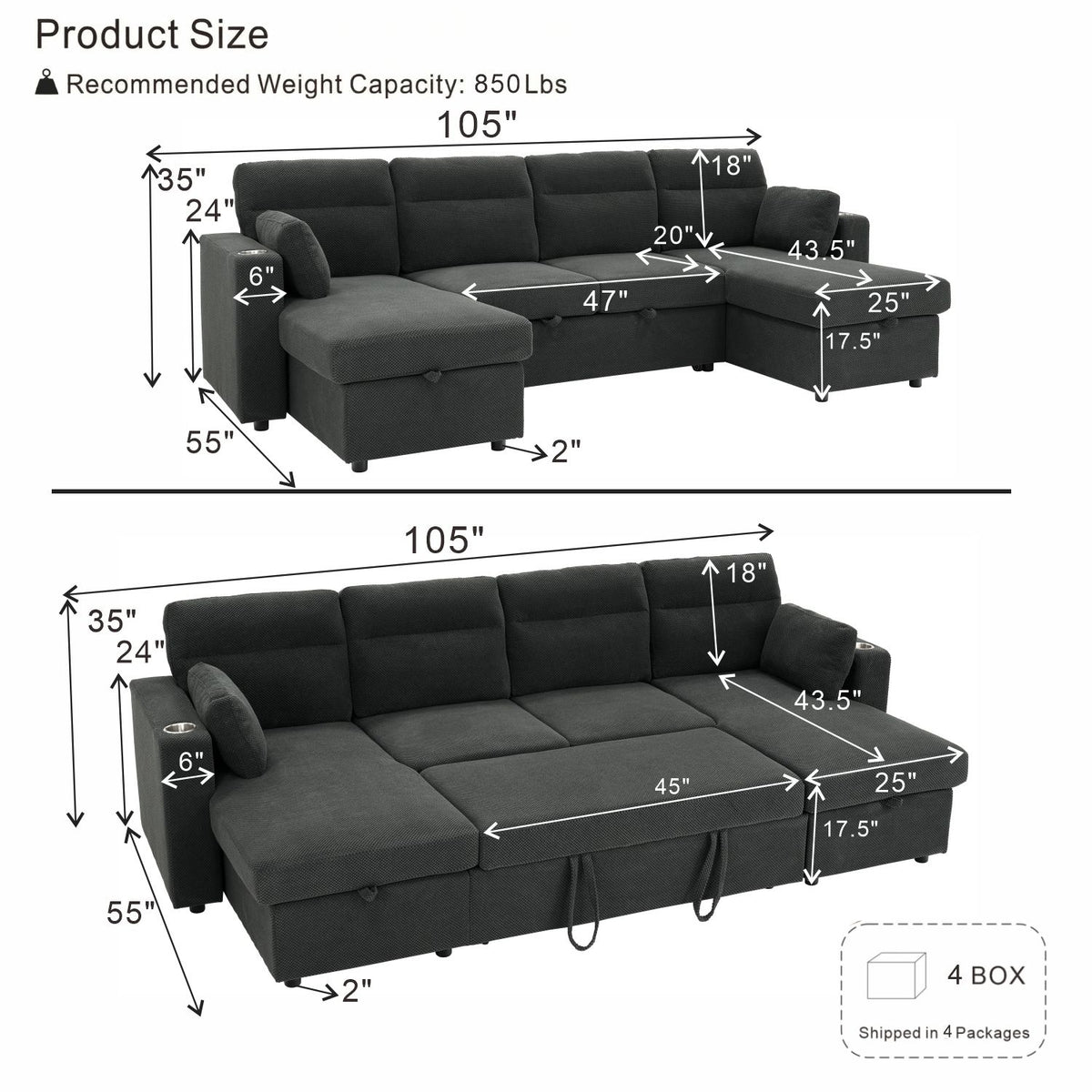 Convertible Sectional Sofa With Storage Chaise, Cup Holders And Pull Out Sleeper