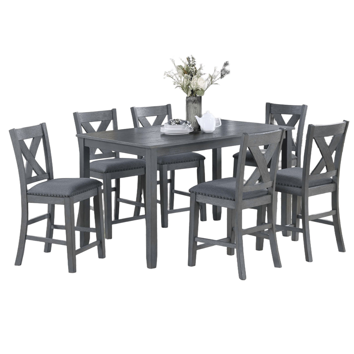 7 Piece Dining Room Furniture, Counter Height Table And 6 Chairs Set - Gray