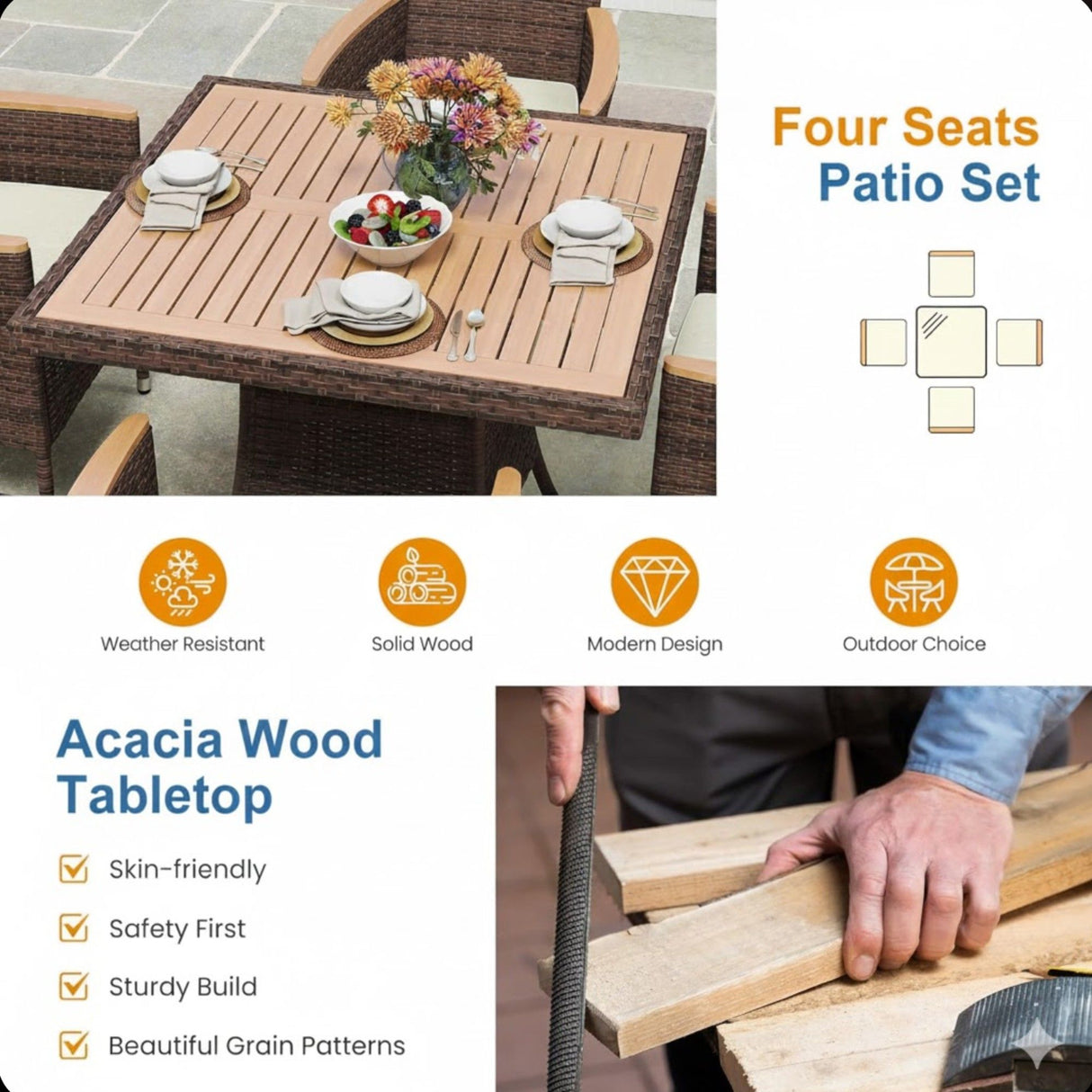 All-Weather Square Rattan Patio Dining Table