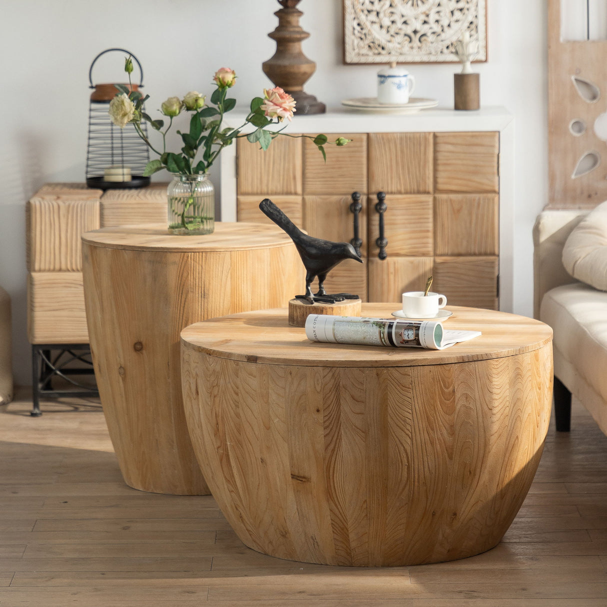 Barrel Coffee Table With Storage For Living Room - Natural