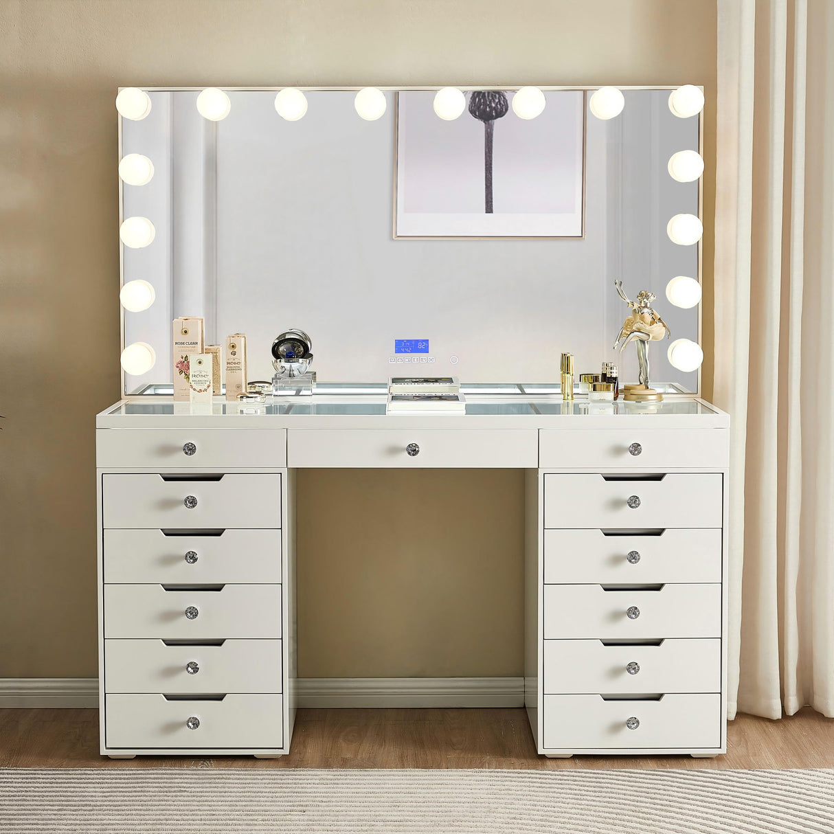 LED Lighted Makeup Vanity Desk With 16 Bulbs Mirror, 13 Drawers Dressing Table For Bedroom - Gloss White