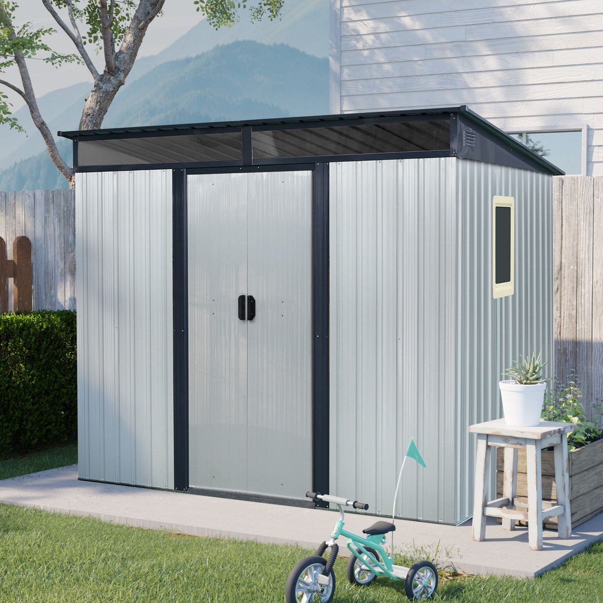 Outdoor Metal Storage Shed Garden Building with Window in Galvanized Steel