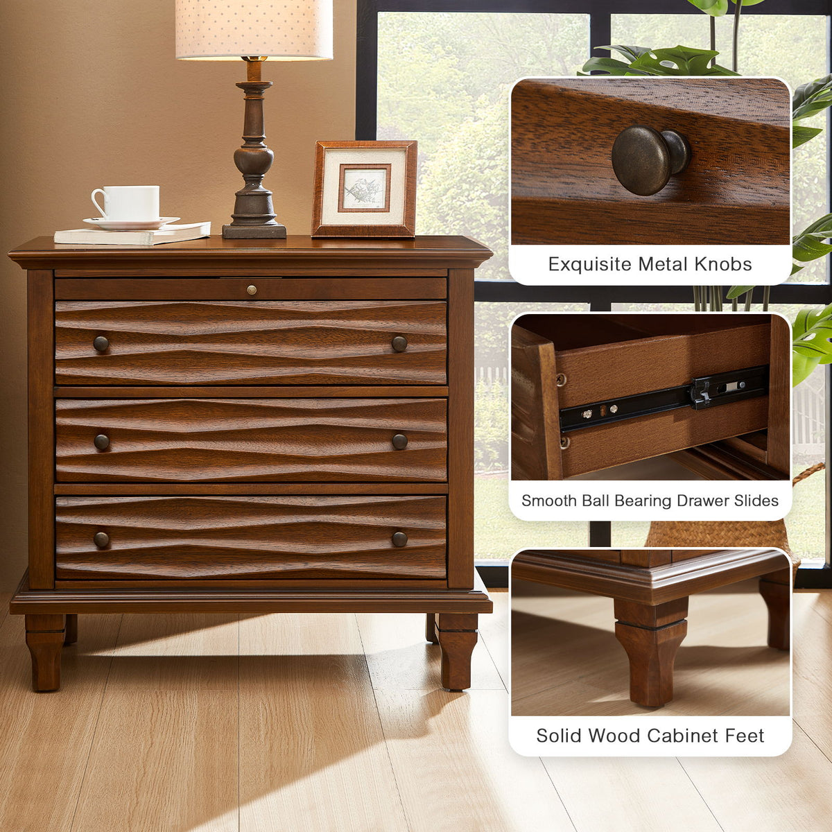 Nightstand With Charging Station, Bedside Table, 3 Drawers, USB And Type - C Ports