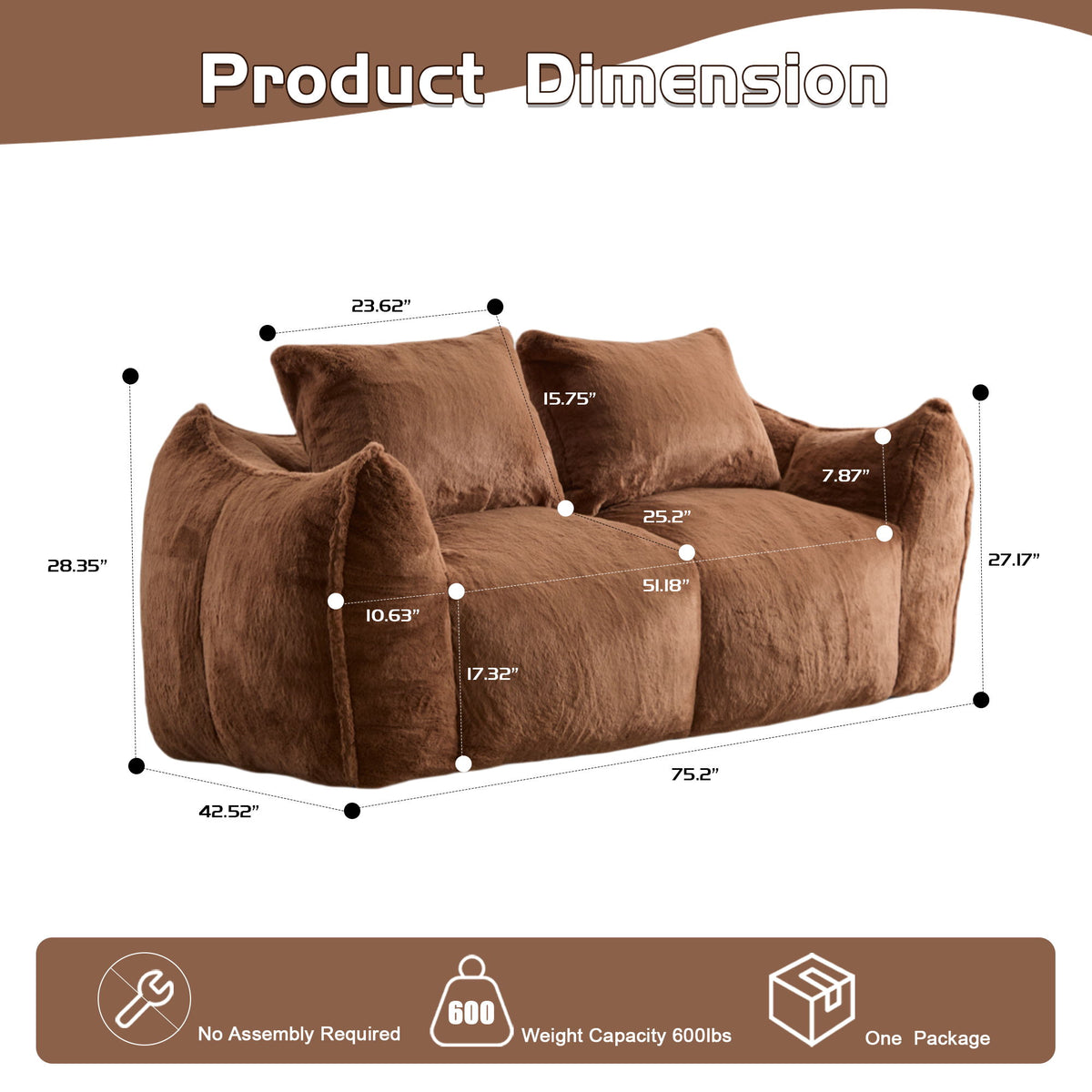 Giant Bean Bag Couch, Ultra Soft Fluffy Loveseat For Living Room