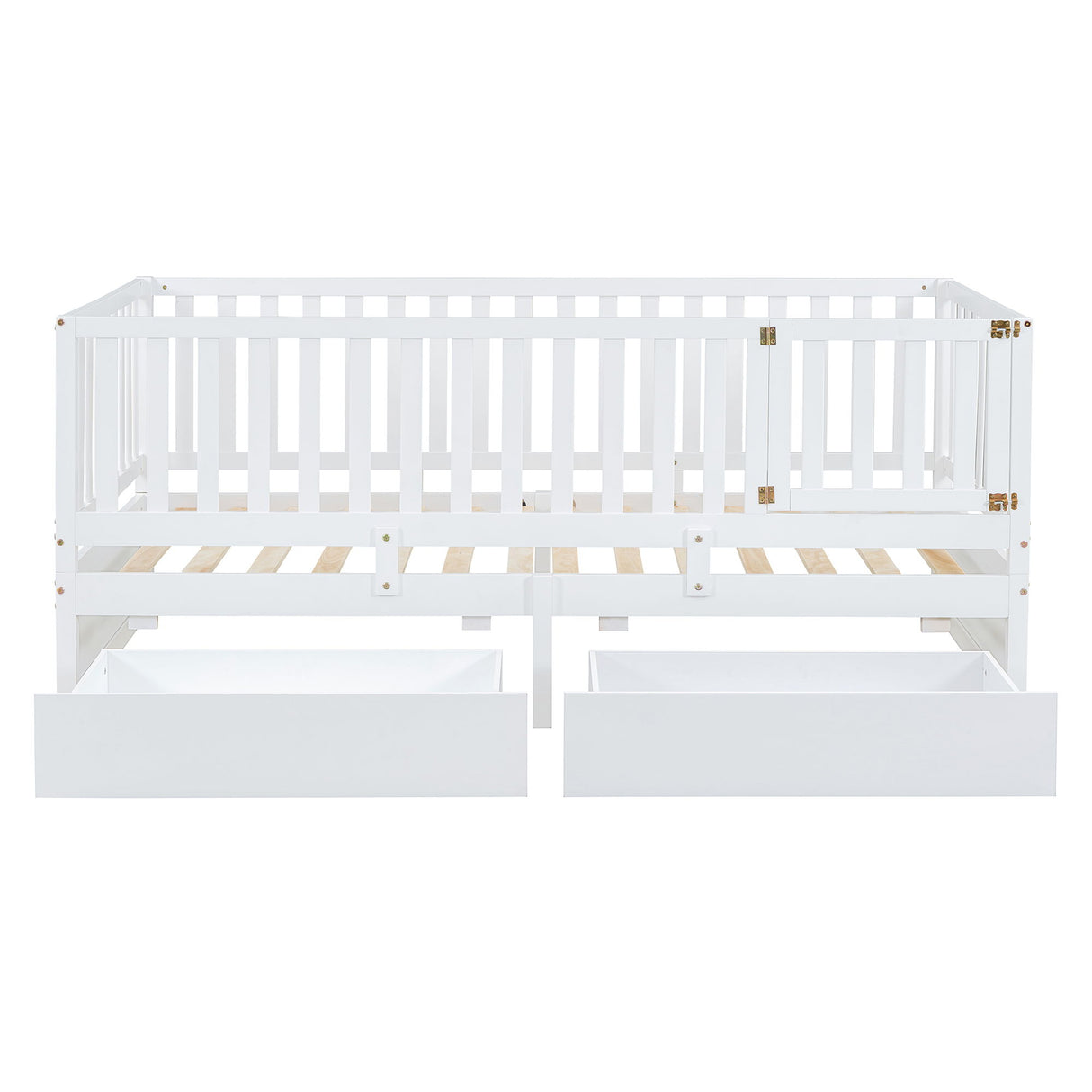 Daybed With Fence Guardrails And 2 Drawers, Split Into Independent Floor Bed & Daybed