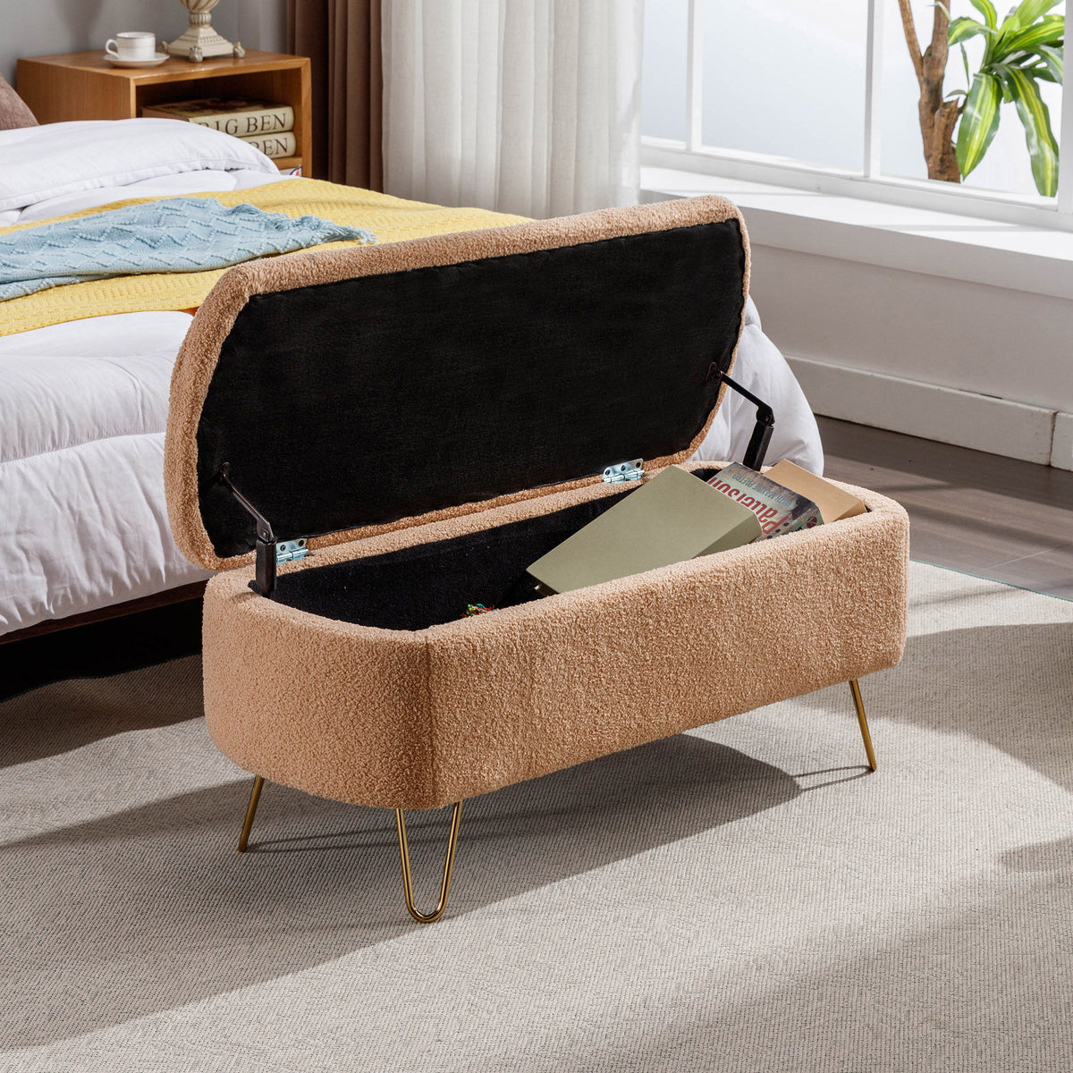 Storage Ottoman Bench For End Of Bed Legs, Modern Camel Faux Fur Entryway Bench Upholstered Padded With Storage For Living Room Bedroom