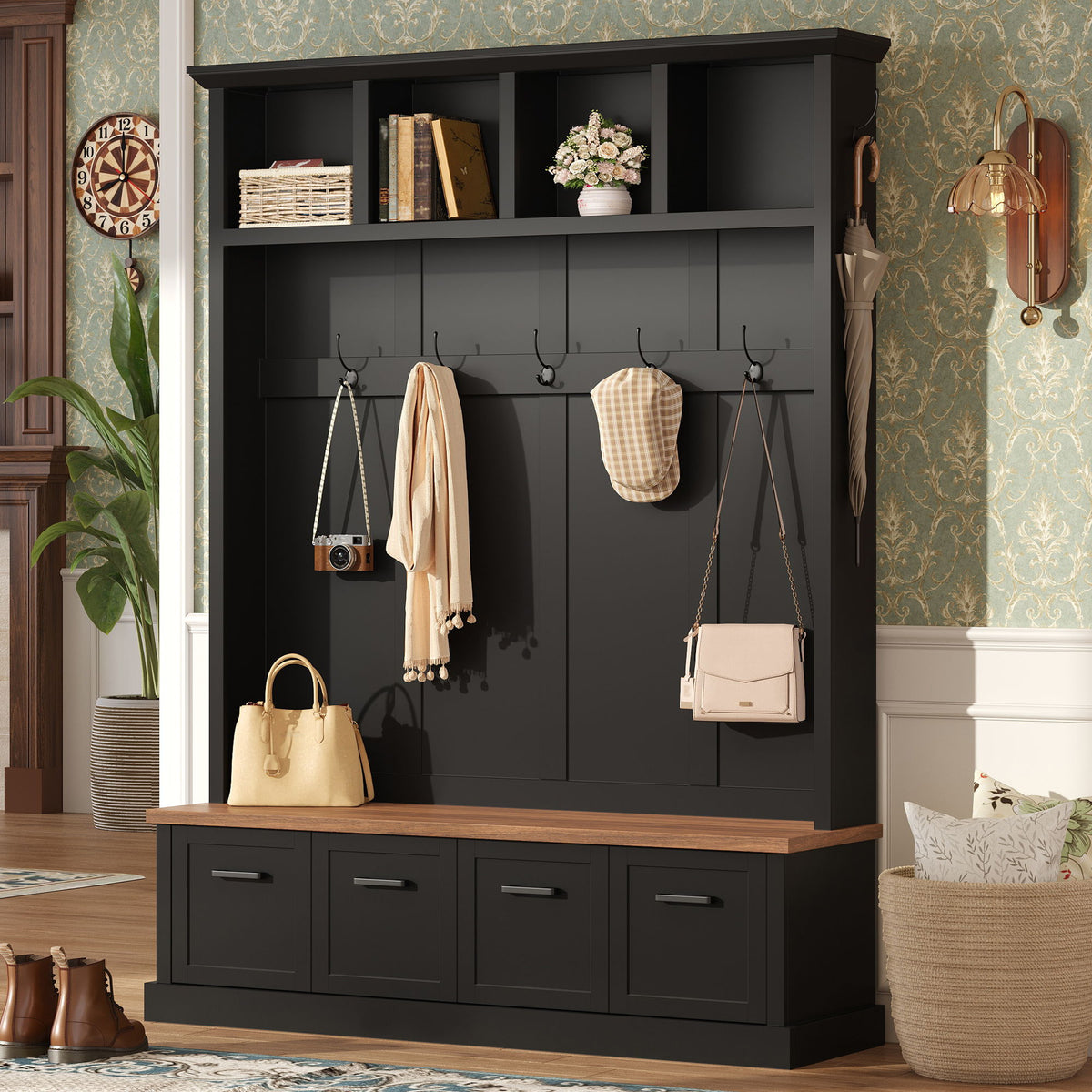 Hall Tree With Storage Bench Mudroom Coat Rack With 6 Hooks