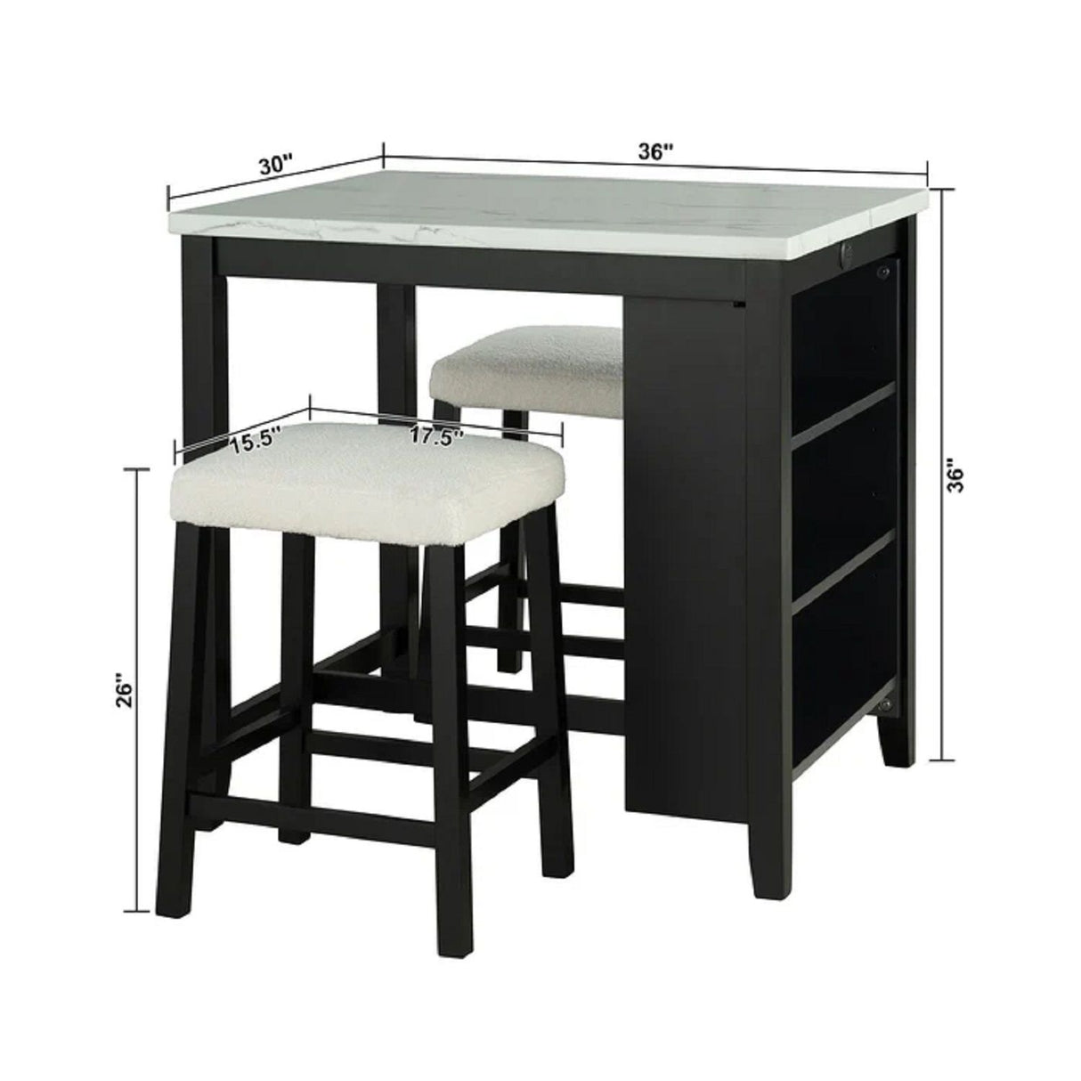 Dining Table Set With Storage Shelves, 3 Piece With 2 Stools - Black / Ivory / White