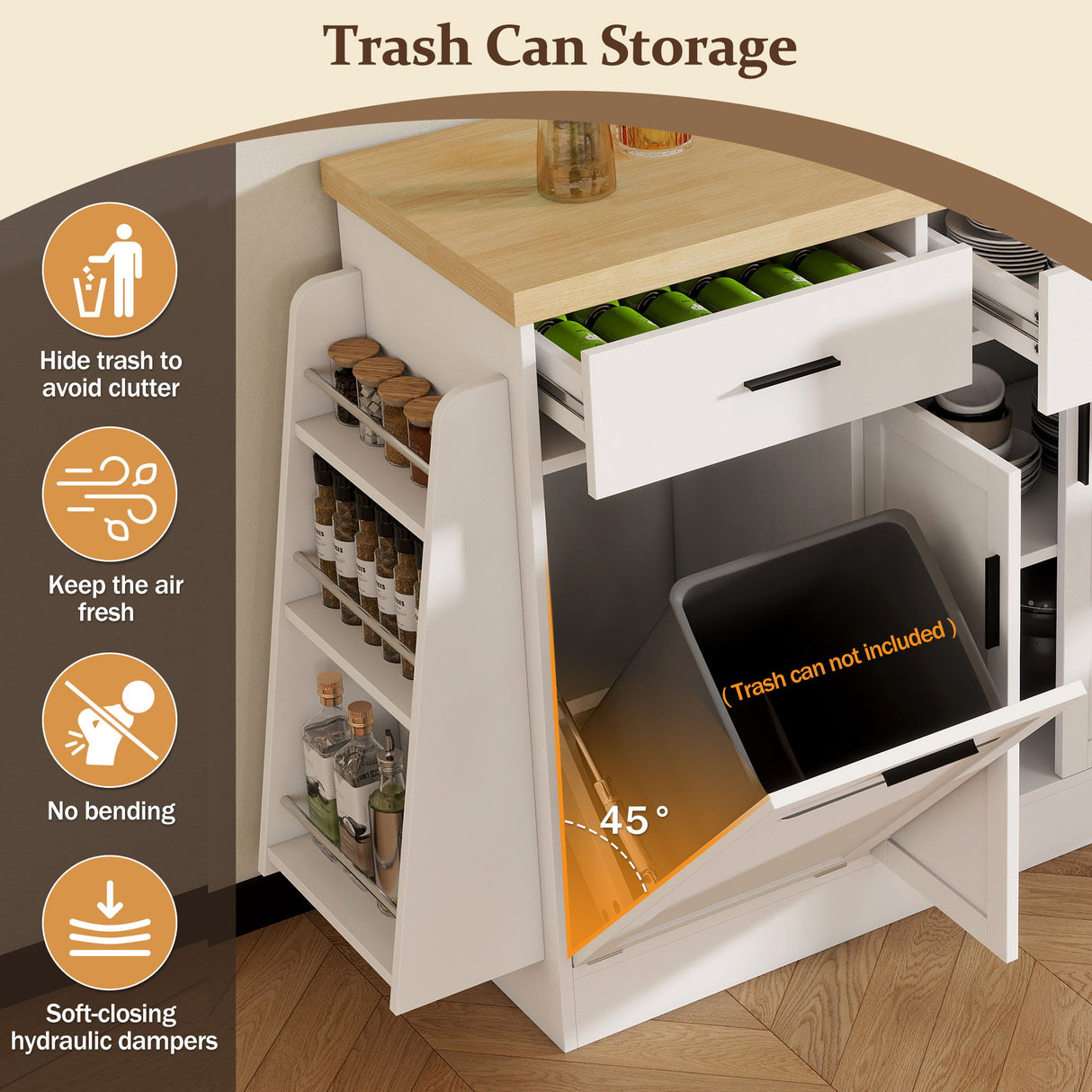Kitchen Sideboard With Sliding Door Cabinet, 3 Tier Spice Rack