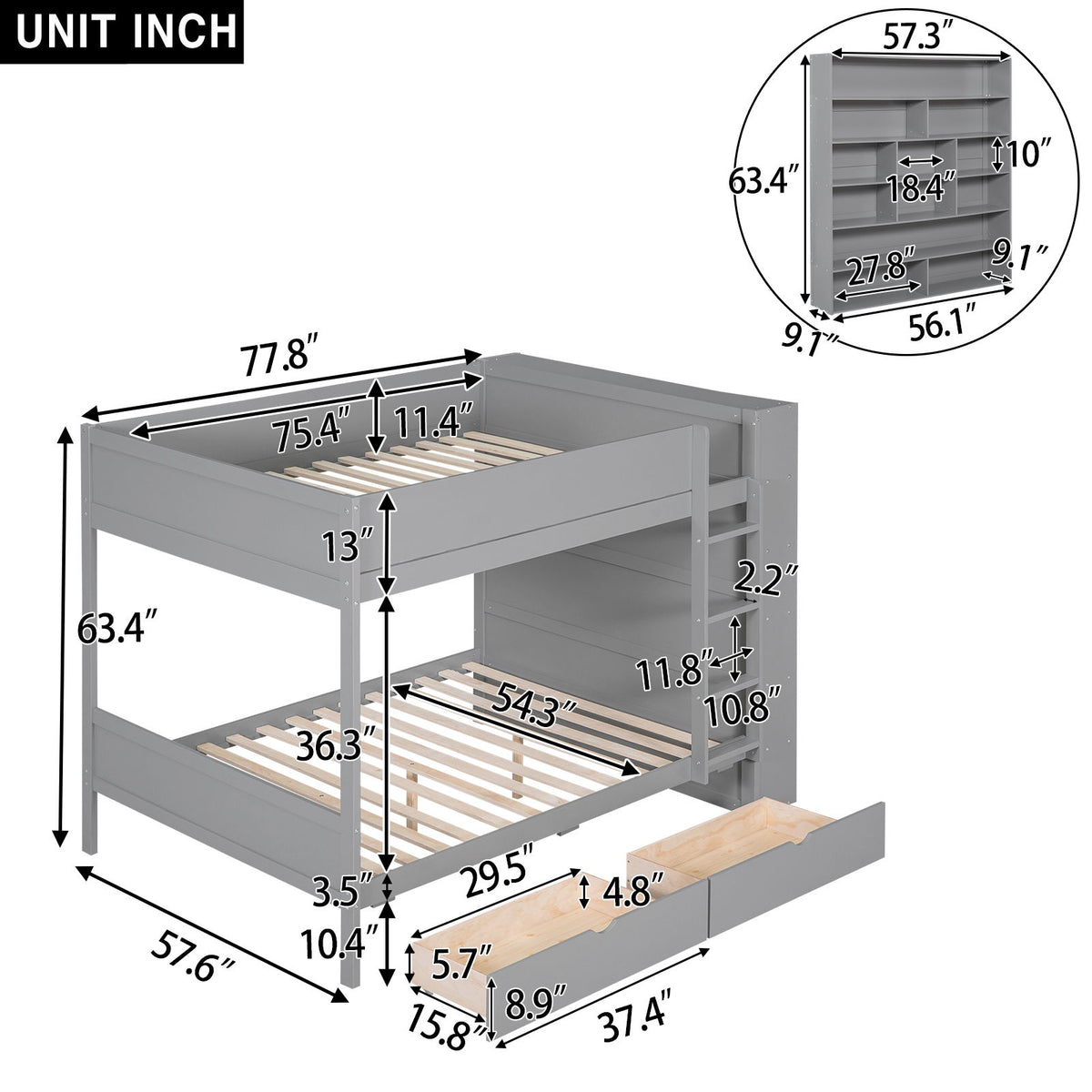 Full Over Full Bunk Bed With 2 Drawers And Multi-Layer Cabinet - Gray