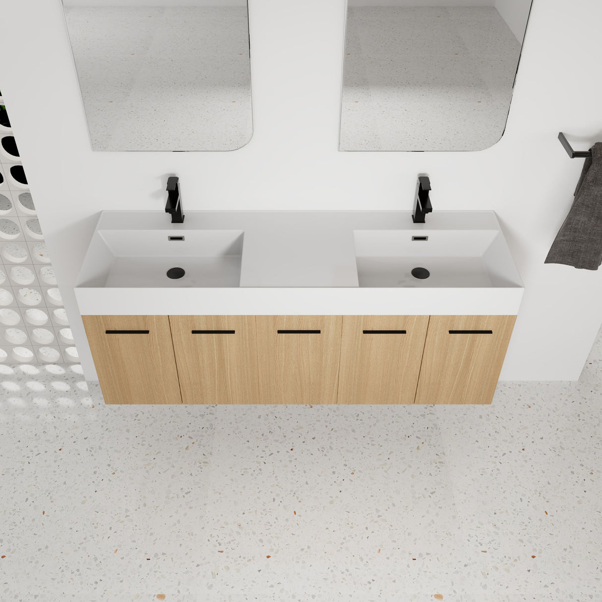 Floating Double Sink Bathroom Vanity With Extra Large Storage, Integrated Sink, Soft Close Doors, Wall Mounted Bath Vanity - Glossy White / Light Oak