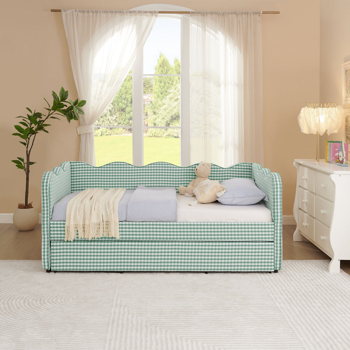 Gingham Daybed With USB Charging Port, Wave Shaped Design