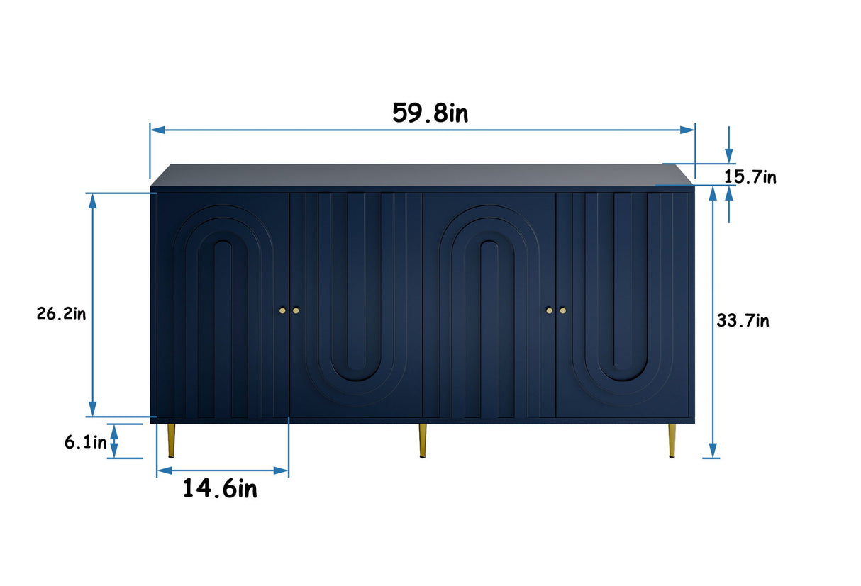 Modern Lacquered 4 Door Wooden Cabinet Sideboard Buffet Server Cabinet Storage Cabinet, For Living Room, Entryway, Hallway, Office, Kitchen And Dining Room - Blue