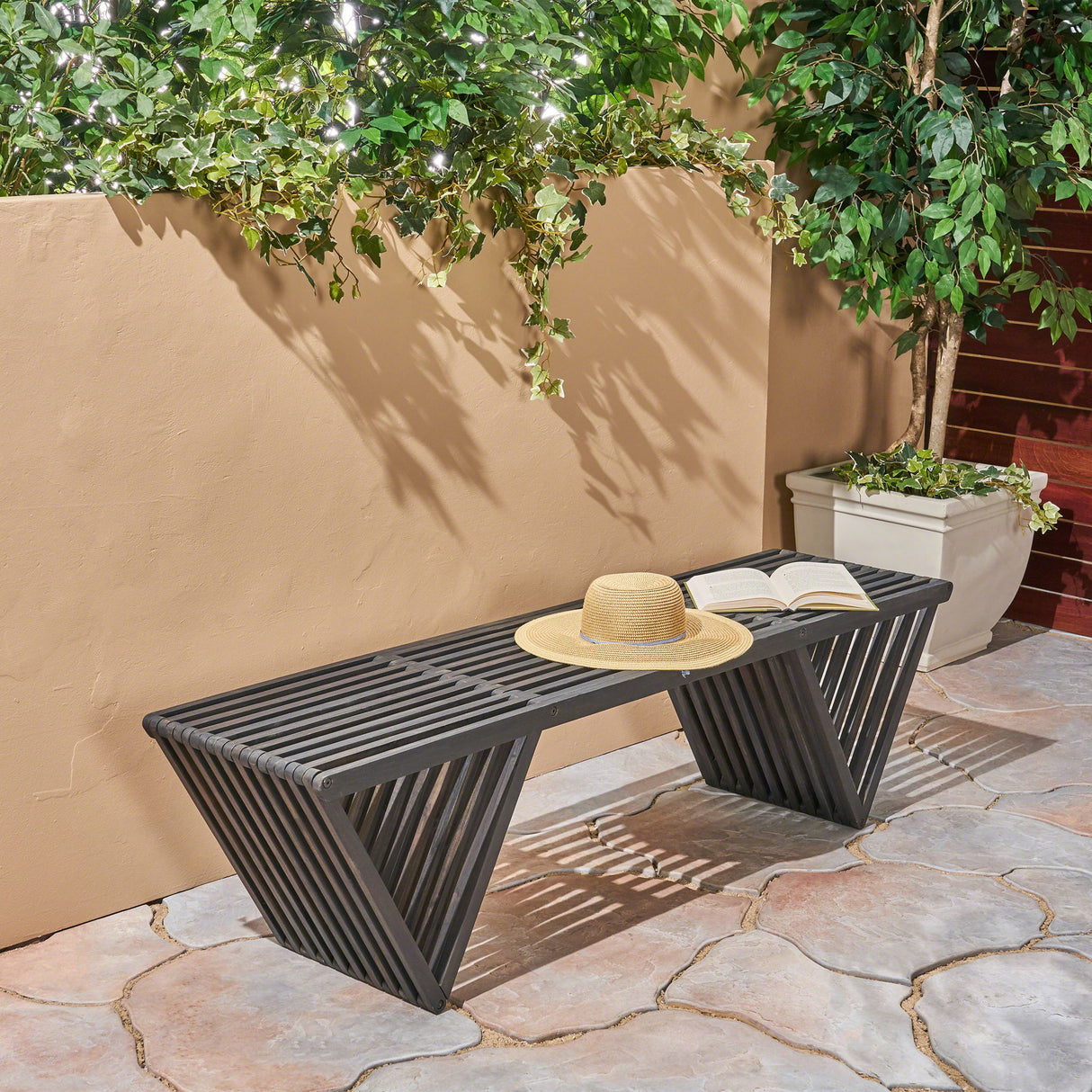 Gloaming - Outdoor Bench With Slat Design And Triangular Base
